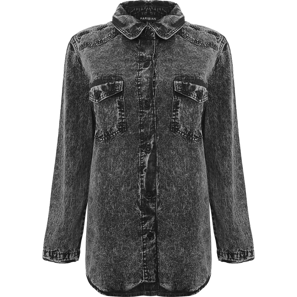 Parisian Womens Grey Acid Wash Oversized Denim Shirt – Sale Lab UK