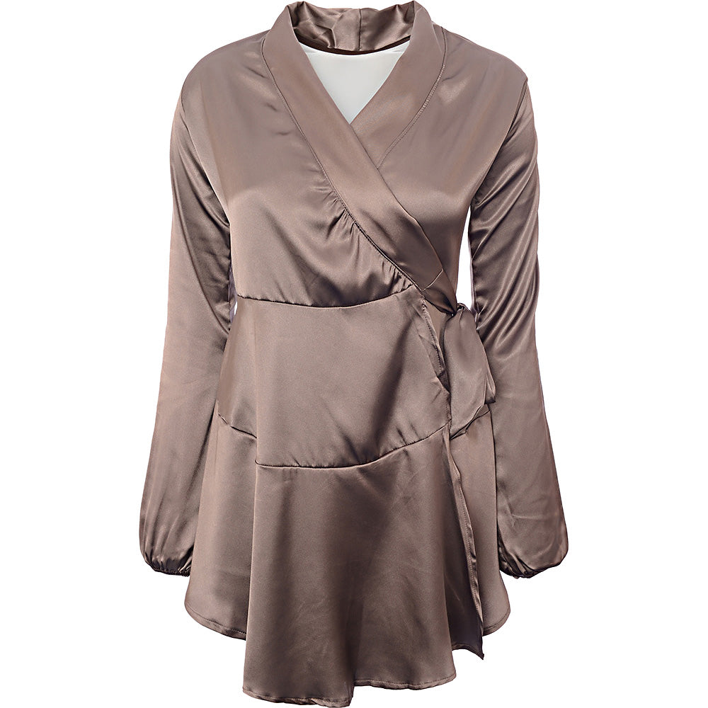 TFNC Women's Satin Wrap Mini Dress in Mink – Sale Lab UK