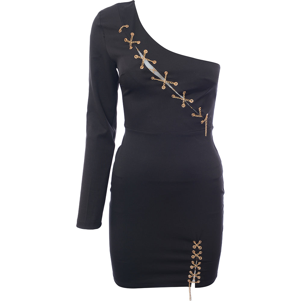 Club L London Women's Black One Shoulder Metal Slash Neck Detail Mini Sale Lab UK Club L London Women's Black One Shoulder Metal Slash Neck Detail Mini Sale Lab UK