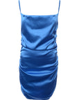I Saw It First Cowl Neck Ruched Satin Mini Dress In Blue