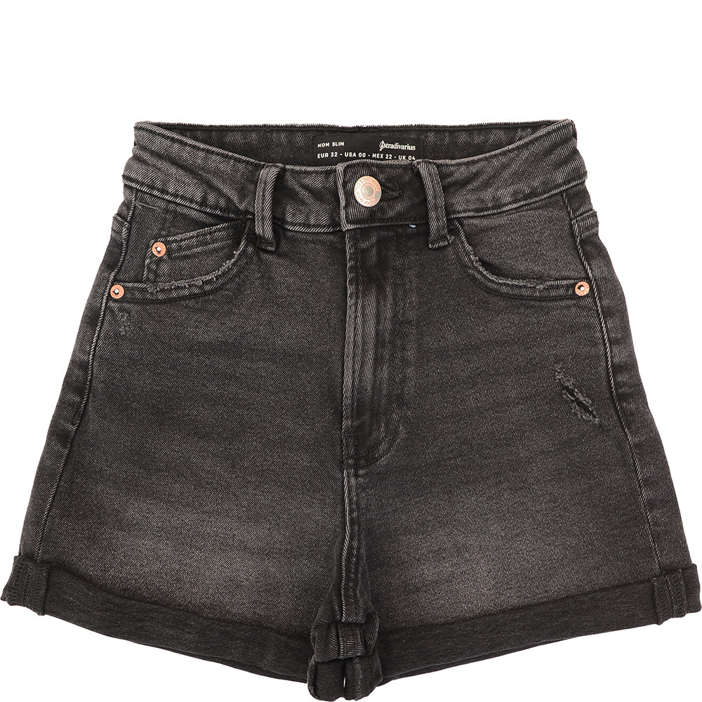 Stradivarius Women s Black Wash Cotton Slim Mom Denim Short