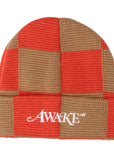 Awake NY Logo Checkered Beanie in Two-Tone Red and Brown