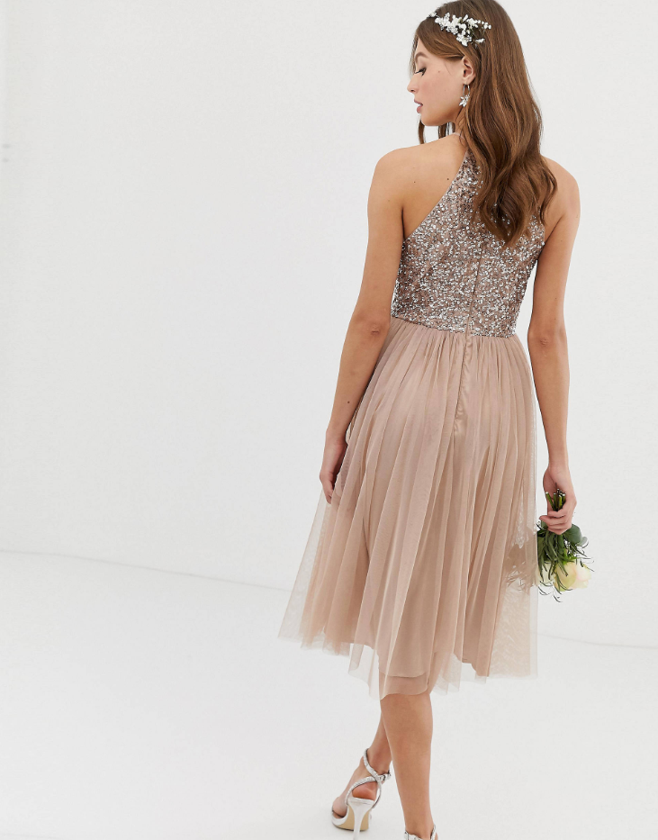 Maya bridesmaid long sleeve maxi tulle dress sale with tonal delicate sequins in taupe blush