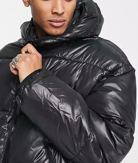 Black shiny puffer jacket top mens