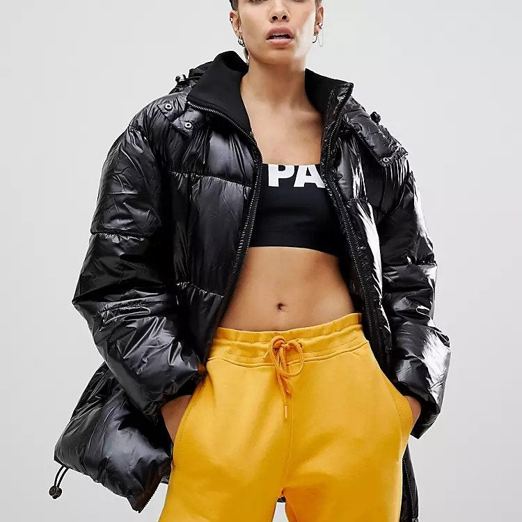 Black vinyl outlet crop puffer jacket