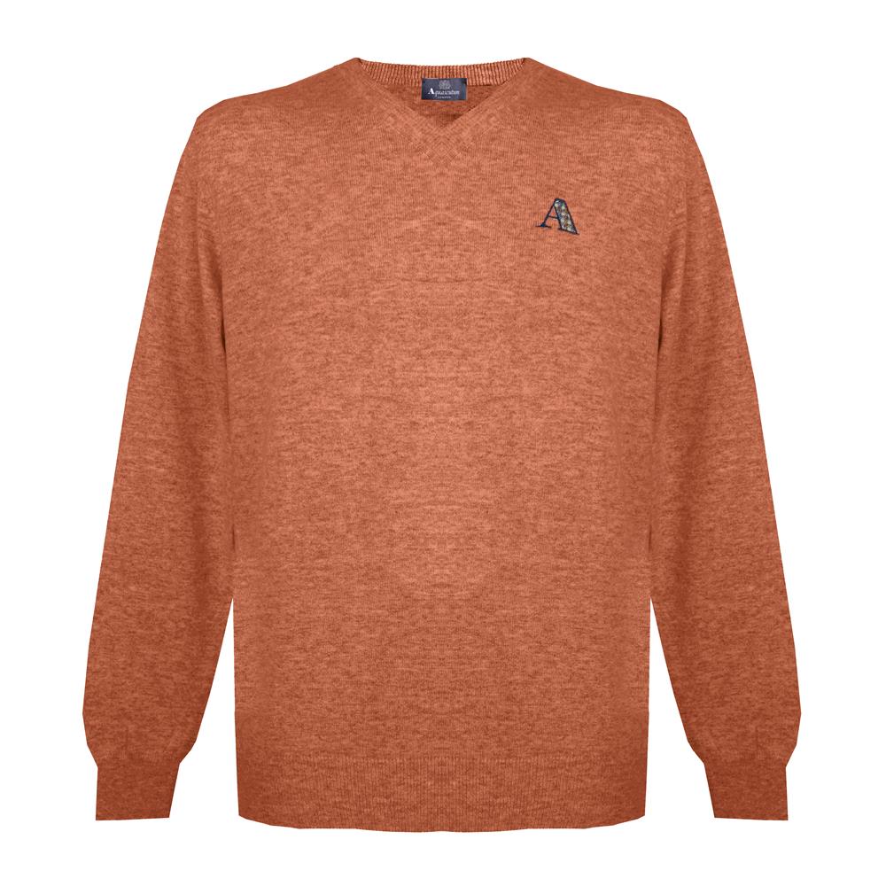 Aquascutum Mens Long Sleeved V Neck Knitwear Jumper with Logo in Orange