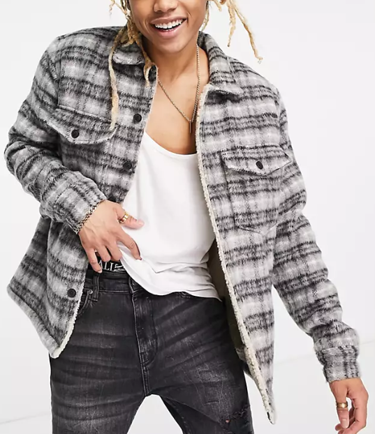 Allsaints Mens Anvik Checked Jacket With Borg Lining In Blue