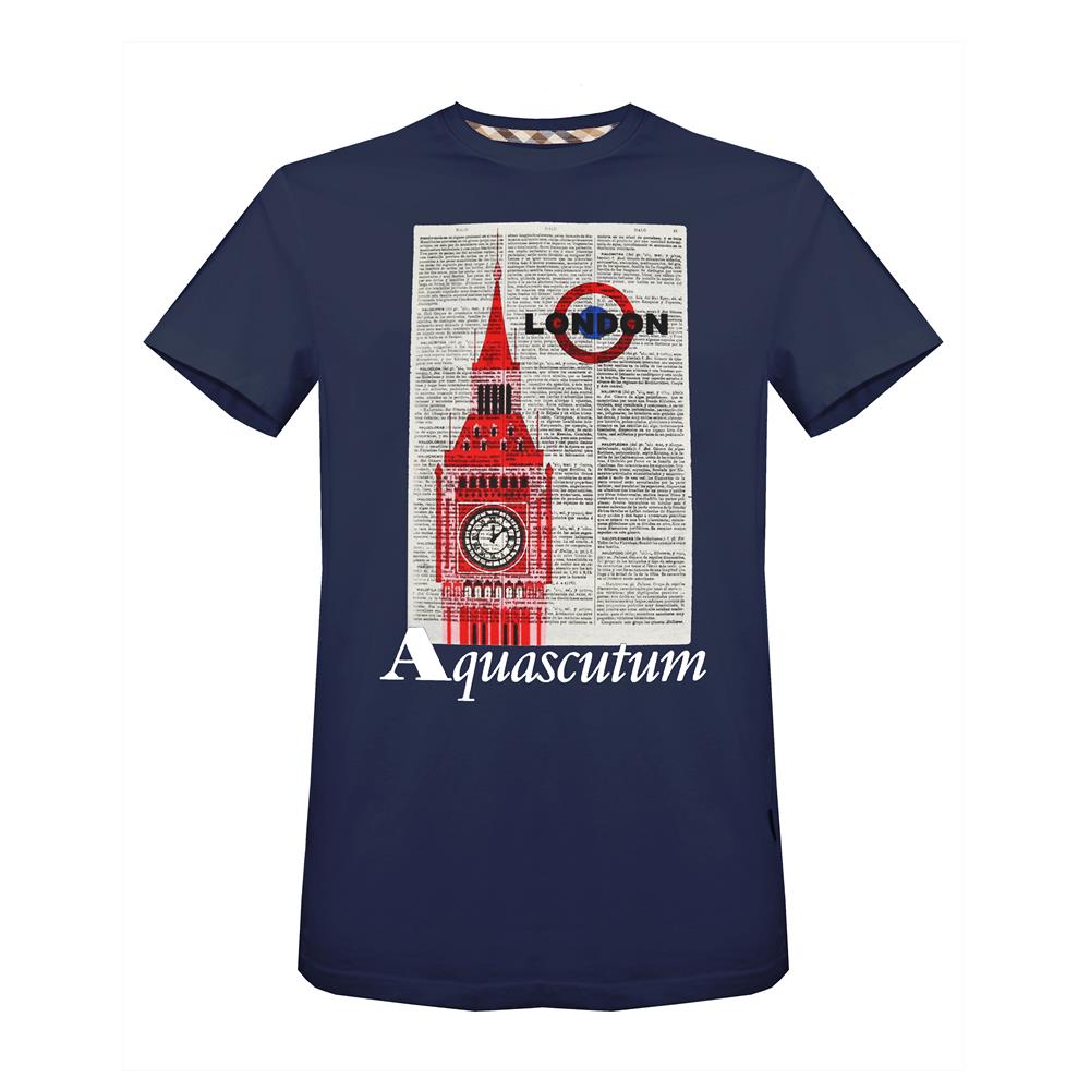 Aquascutum Mens T Shirt with Big Ben Design in Navy