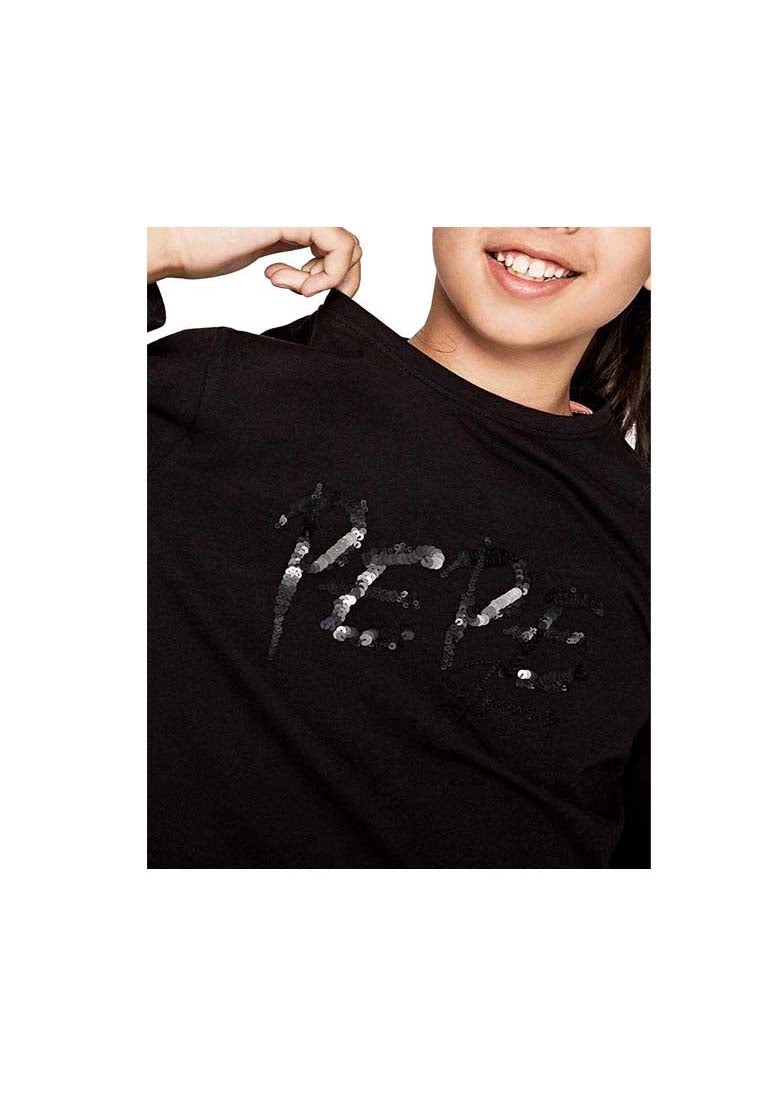 Pepe Jeans Girls Black – Lab in T-Shirt Sequins TEXT with Pepe UK Sale
