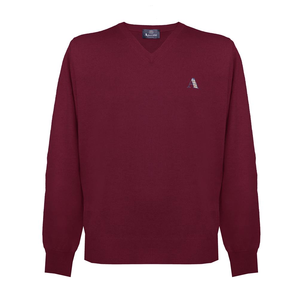 Aquascutum Mens Long Sleeved V Neck Knitwear Jumper with Logo in Burgundy