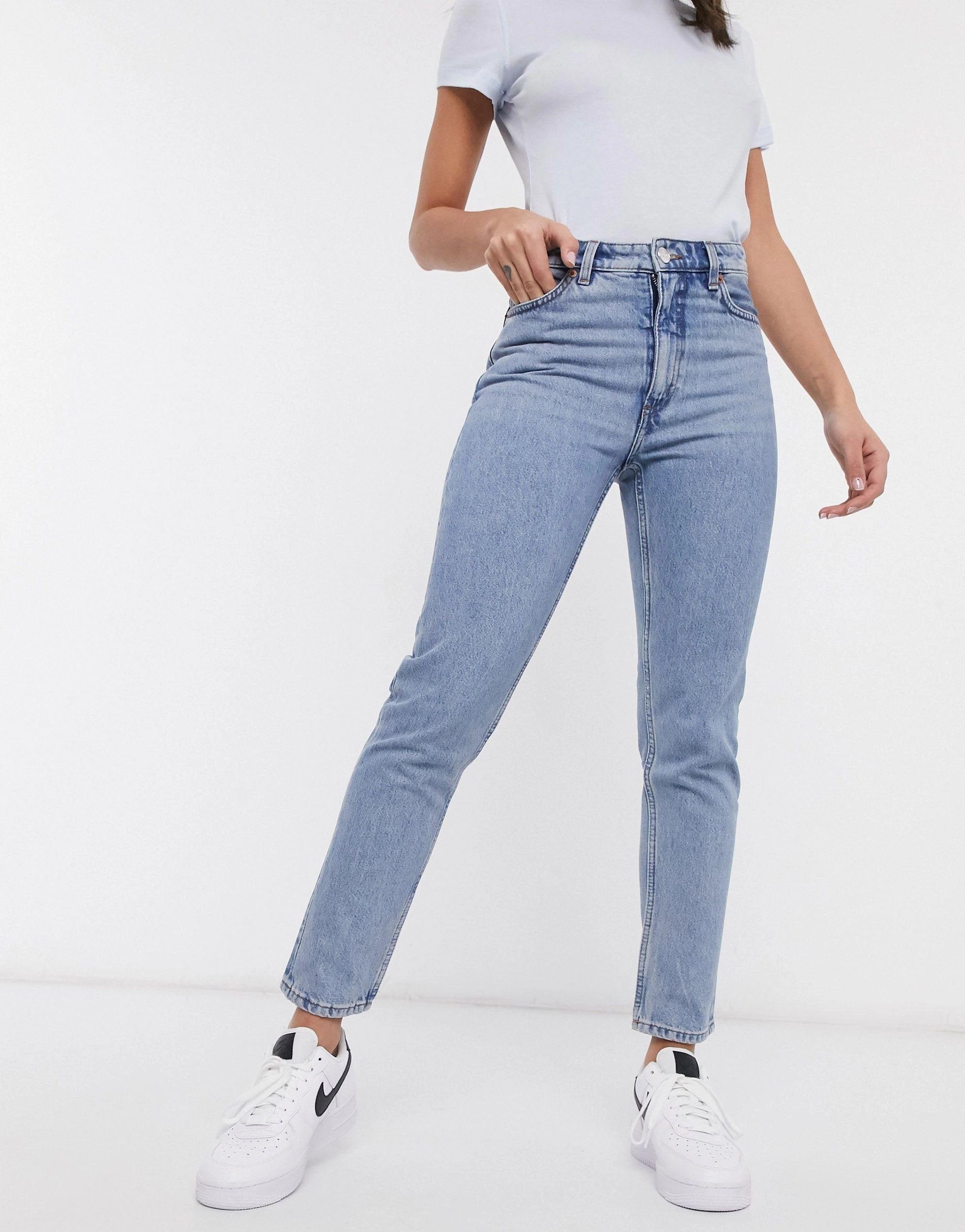 Womens Monki Kimomo Cotton High Waist Mom Jeans In Mid Blue