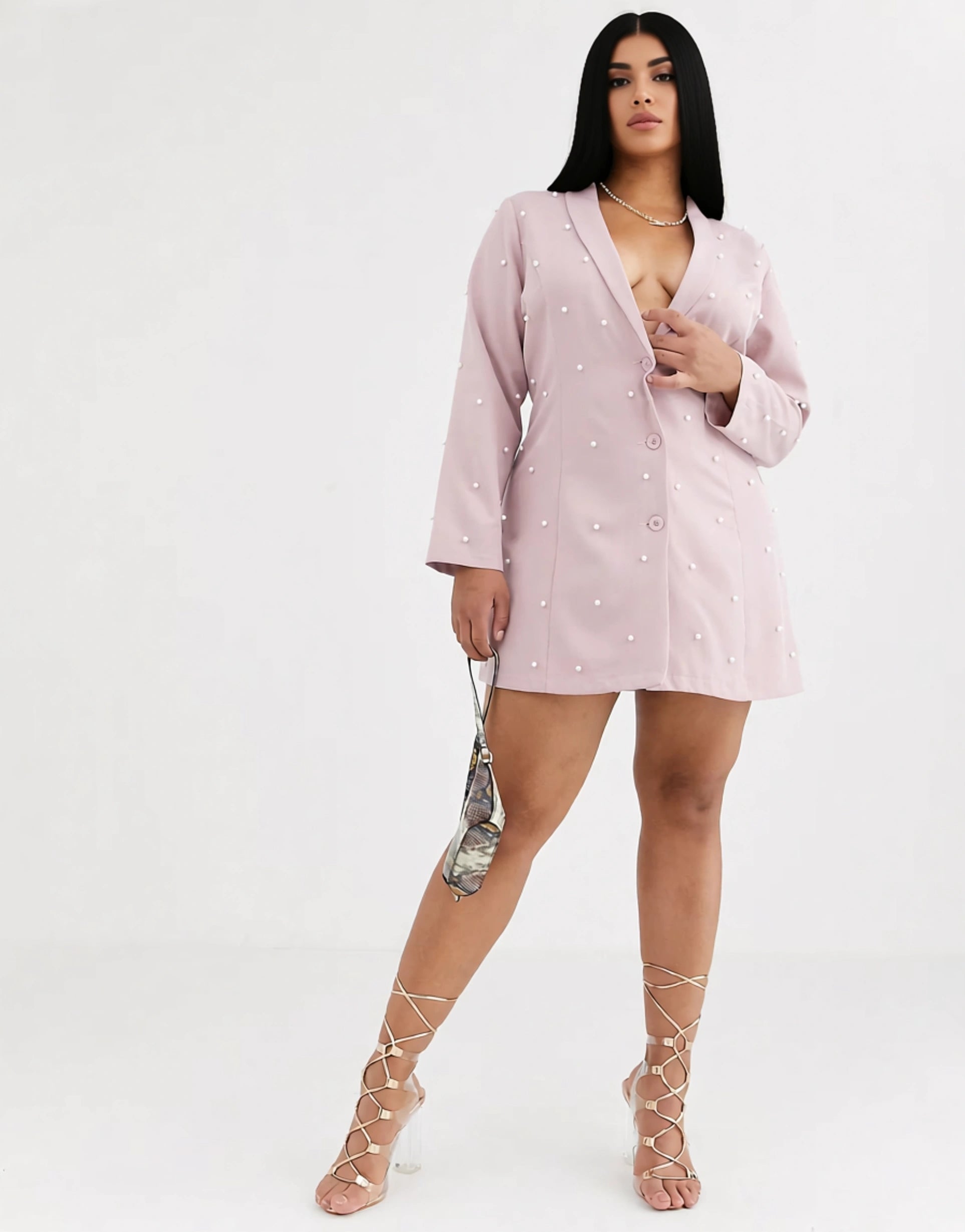 Saint Genies Plus Womens Pearl Embellished Blazer in Blush