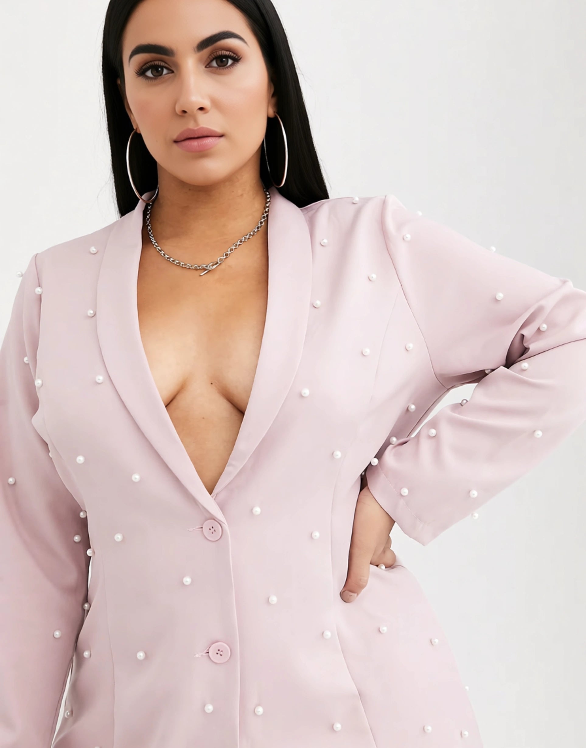 Saint Genies Plus Womens Pearl Embellished Blazer in Blush