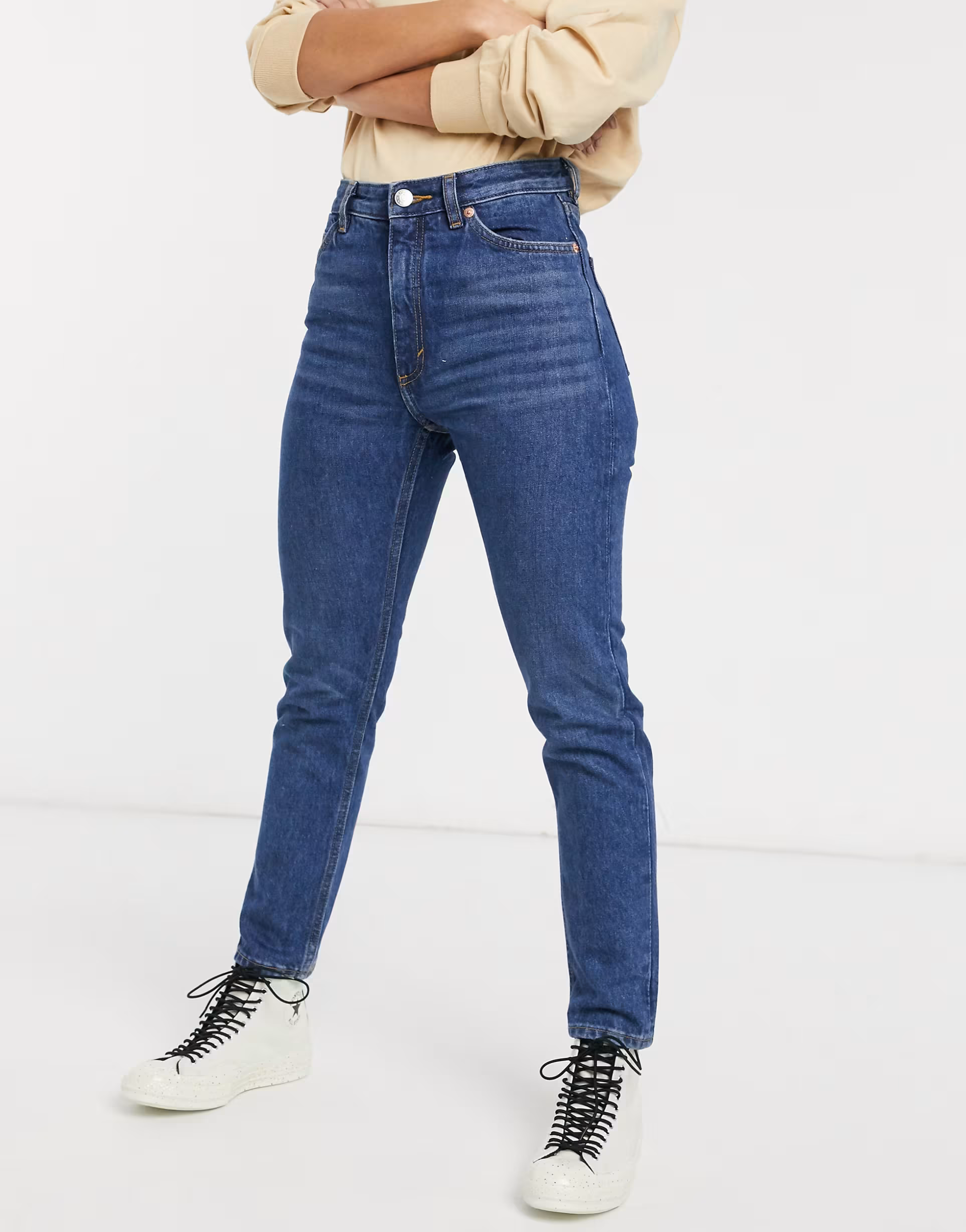 Monki Womens Kimomo High Waist Mom Jeans With Cotton in Dusty Blue