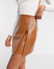 NaaNaa Womens Faux Leather Zip Detail Mini Skirt in Camel