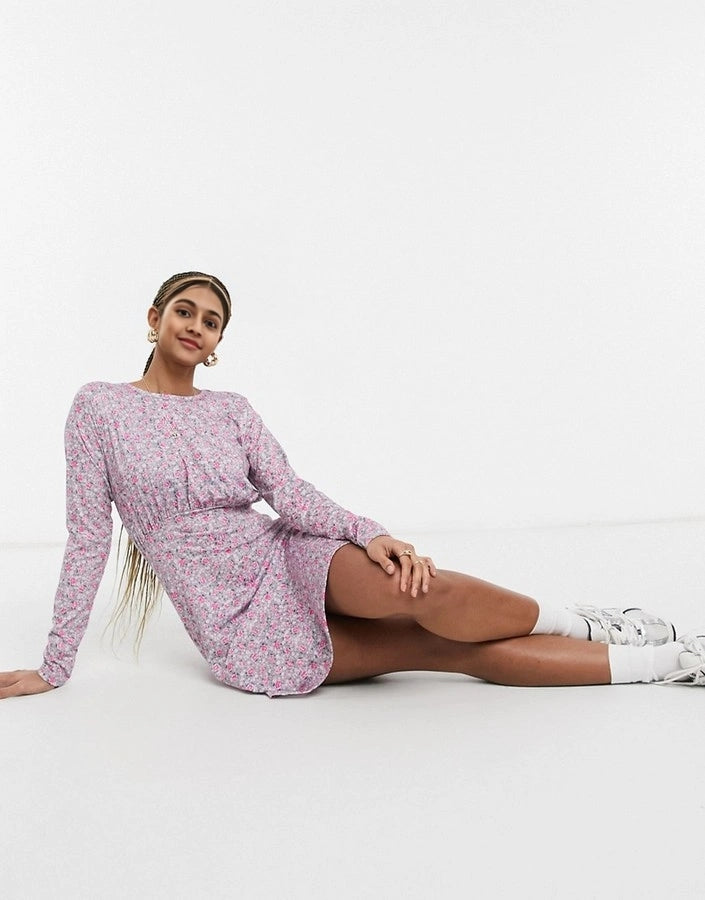 Wednesday's Girl Womens Long Sleeve Mini Dress in Vintage Floral In Purple