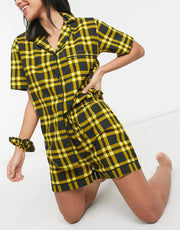 Daisy Street Womens Short Sleeve Shirt And Shorts Pyjama Set With Scrunchie in 90's Check
