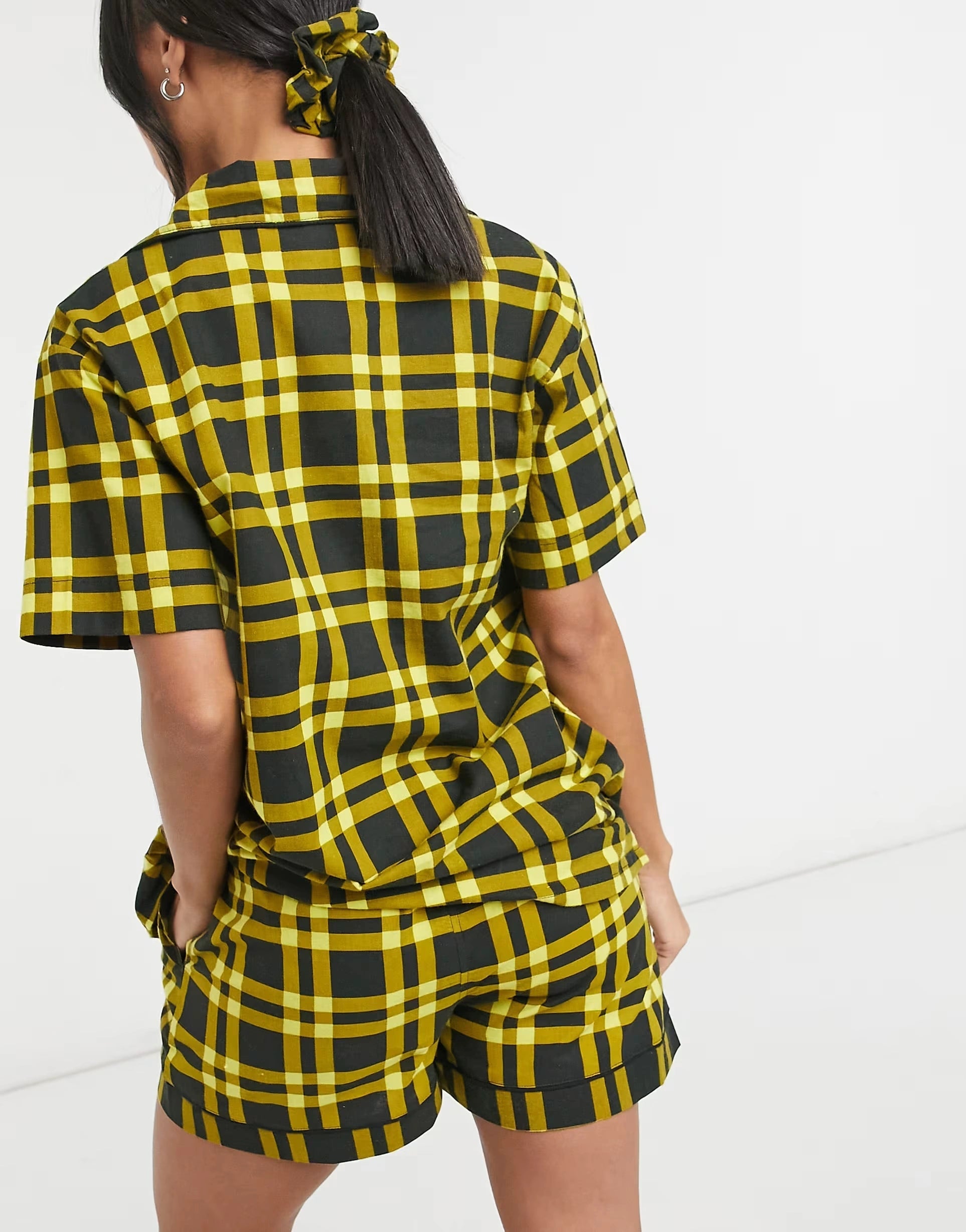 Daisy Street Womens Short Sleeve Shirt And Shorts Pyjama Set With Scrunchie in 90's Check