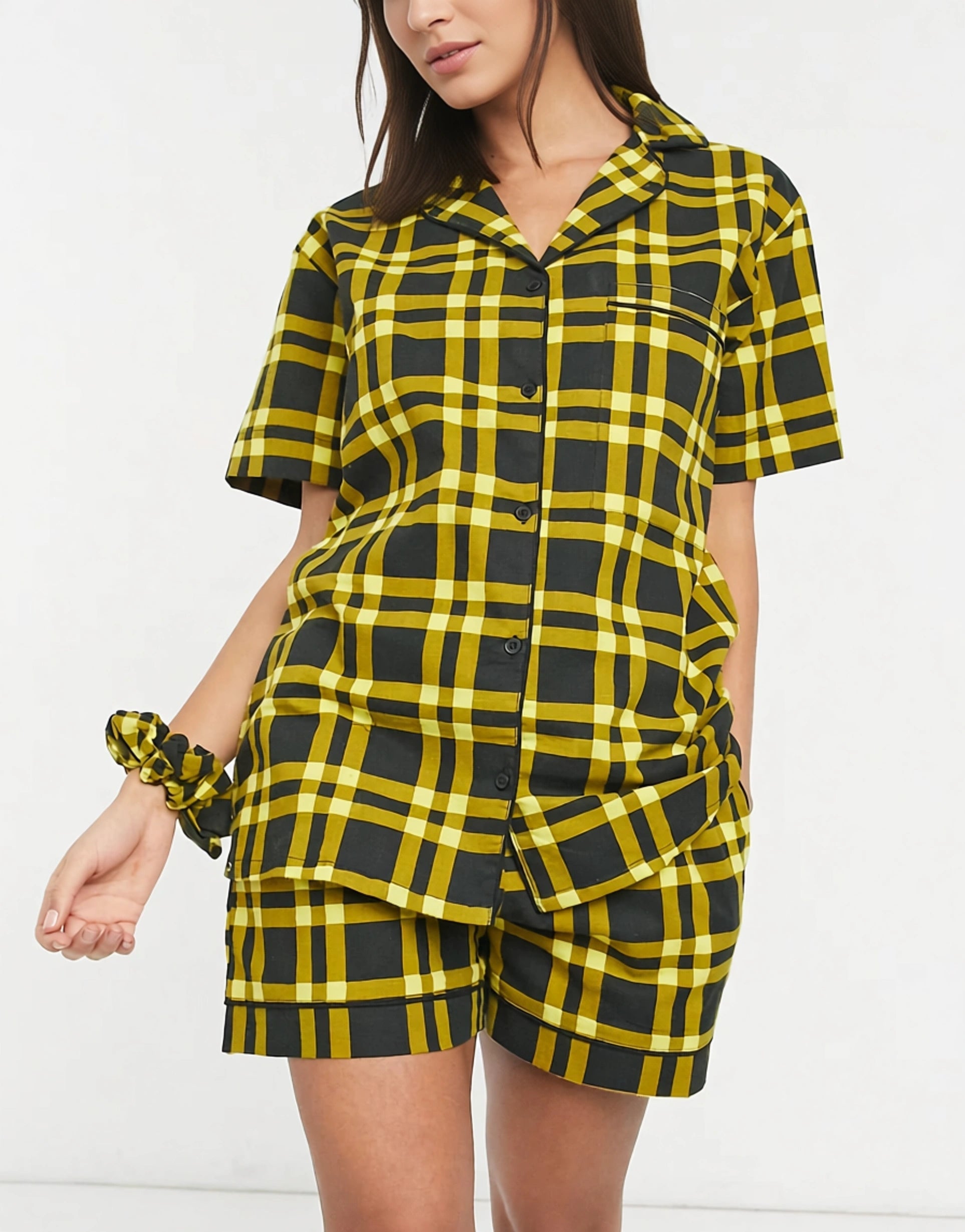 Daisy Street Womens Short Sleeve Shirt And Shorts Pyjama Set With Scrunchie in 90's Check