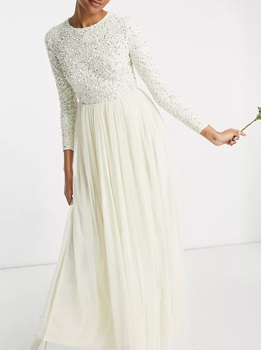 Maya Bridal Long Sleeved Maxi Dress With Sequin & Tulle Skirt In Ecru