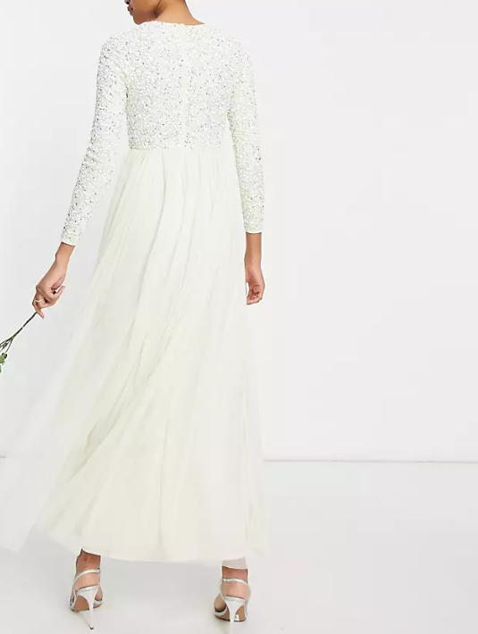 Maya Bridal Long Sleeved Maxi Dress With Sequin & Tulle Skirt In Ecru