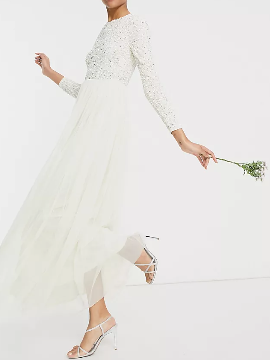 Maya Bridal Long Sleeved Maxi Dress With Sequin & Tulle Skirt In Ecru
