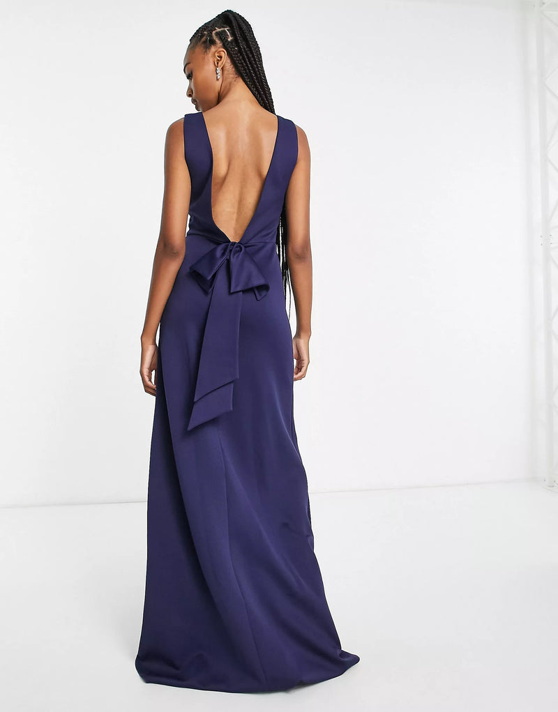 Tfnc Bridesmaid Plunge Front Bow Back Maxi Dress In Navy