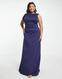 Tfnc Bridesmaid Plunge Front Bow Back Maxi Dress In Navy