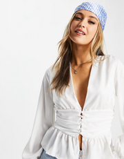 In The Style Womens Plunge Front Button Detail Top With Peplum Hem Detail in Ivory