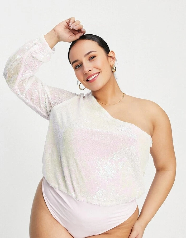 In The Style Plus Womens Sequin One Shoulder Body In Iridescent Pink