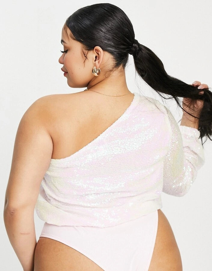 In The Style Plus Womens Sequin One Shoulder Body In Iridescent Pink