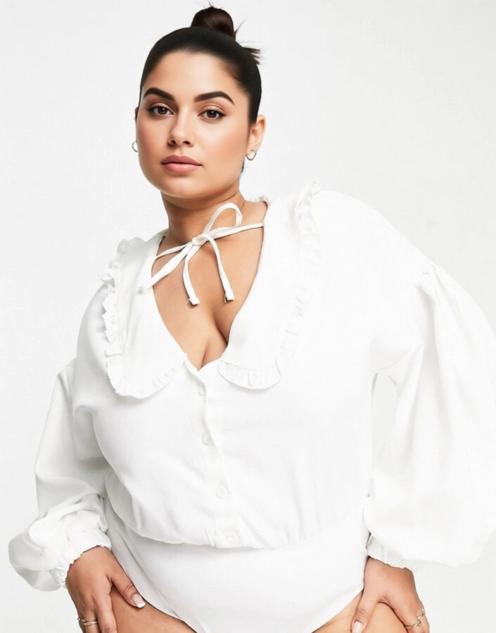 In The Style Plus Womens X Lorna Luxe Volume Sleeve Body With Oversized Collar Detail In White
