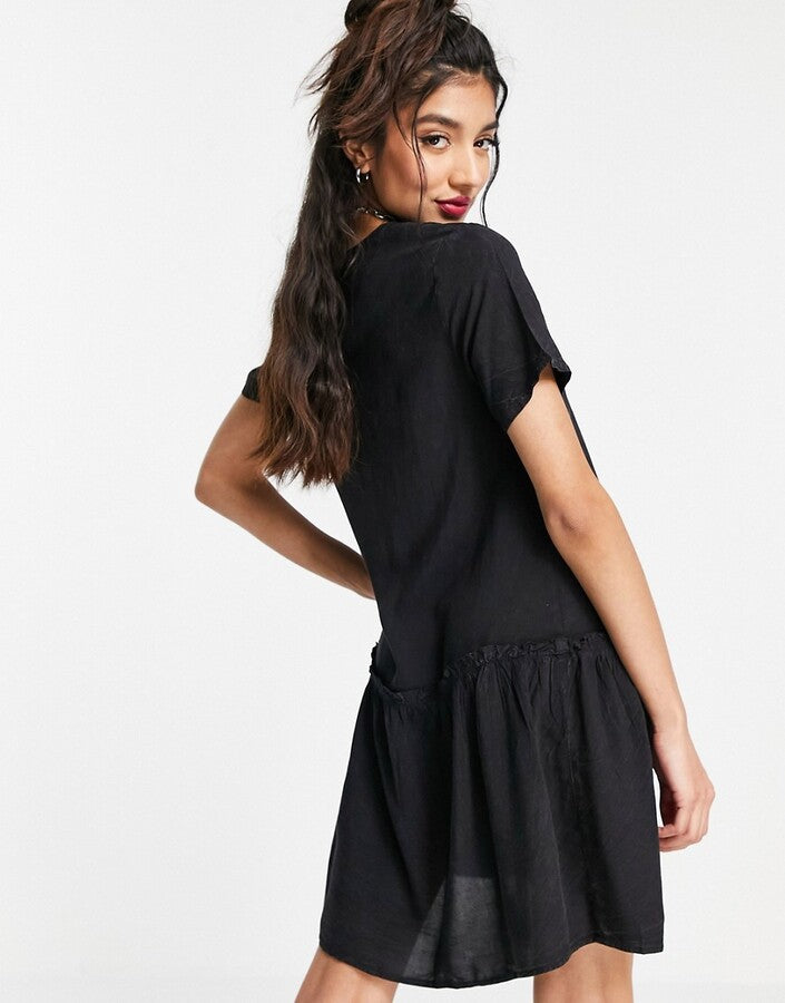 Wednesday's Girl Womens Mini Smock Dress With Peplum Hem in Vintage Wash Denim