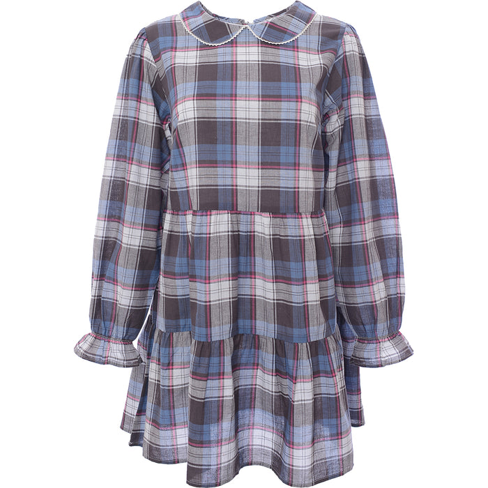 Wednesday's Girl Womens Vintage Check Mini Smock Dress with Tiered Skirt and Collar