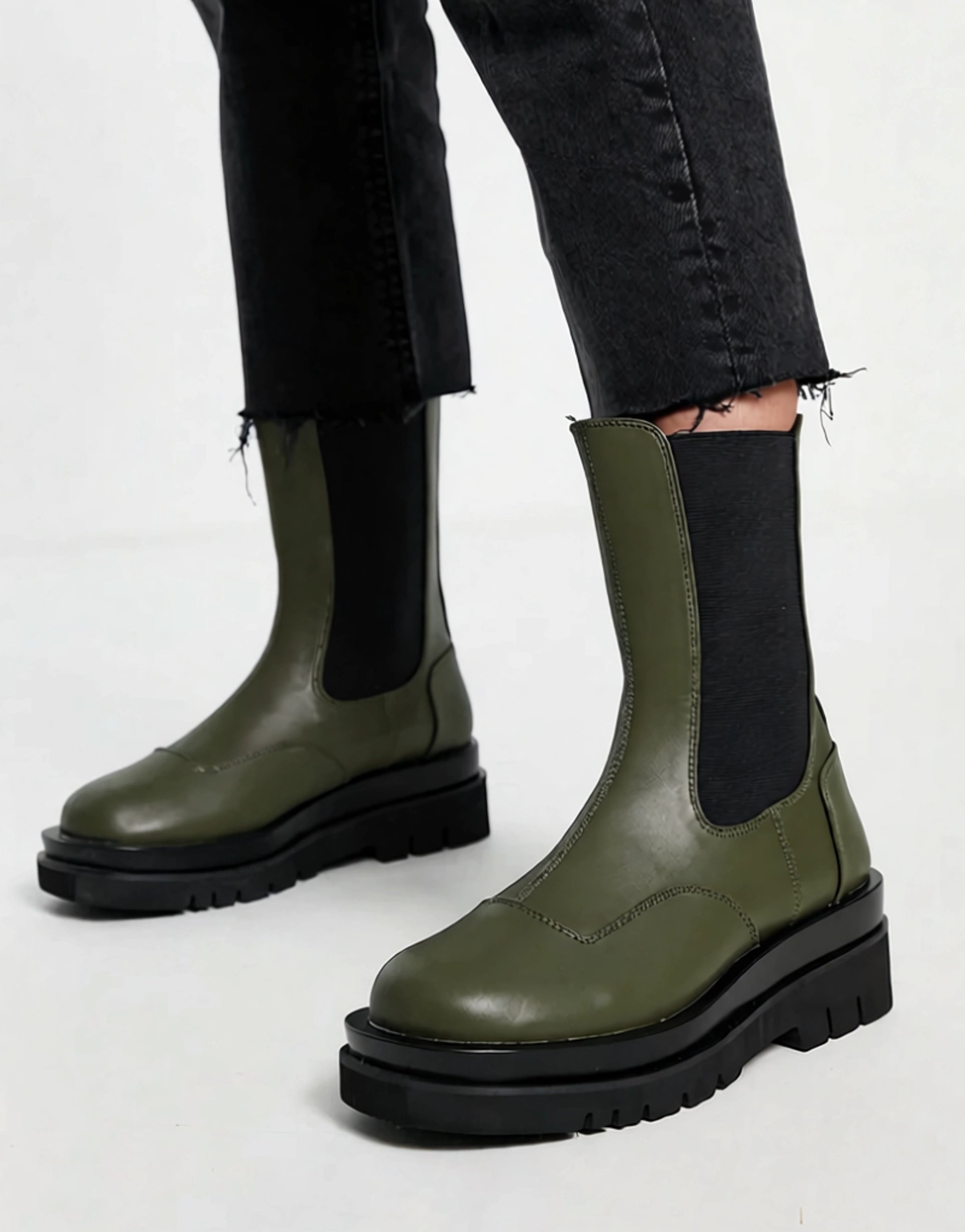 Z_Code_Z Wide Fit Womens Nora Mid Calf Chunky Chelsea Boots in Olive