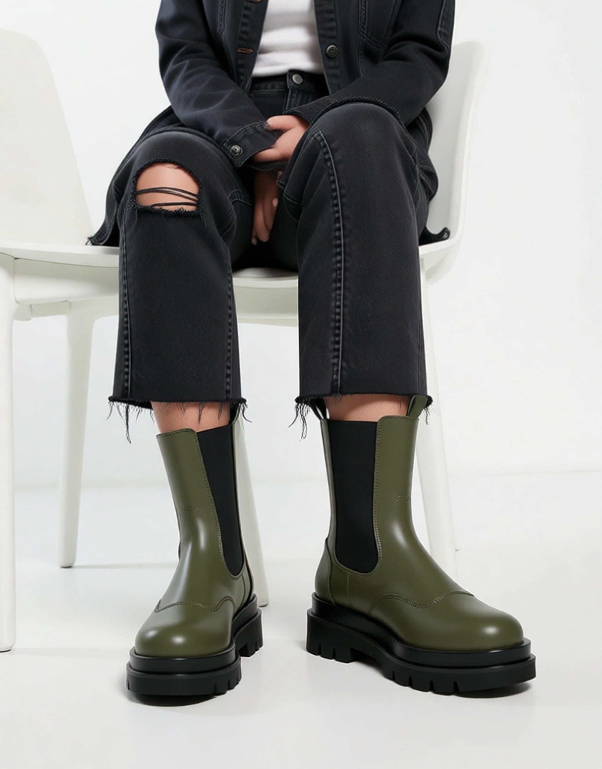 Z_Code_Z Wide Fit Womens Nora Mid Calf Chunky Chelsea Boots in Olive