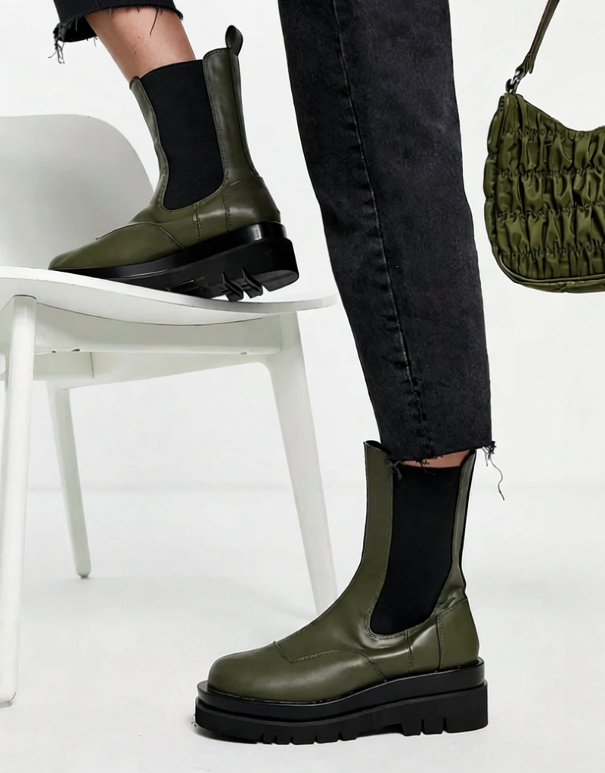 Z_Code_Z Wide Fit Womens Nora Mid Calf Chunky Chelsea Boots in Olive