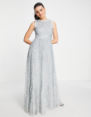 Maya all over embellished maxi dress with lace top in ice blue