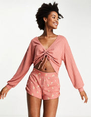 Gilly Hicks Women's Rib Cinch V Neck Top in Rust In Red