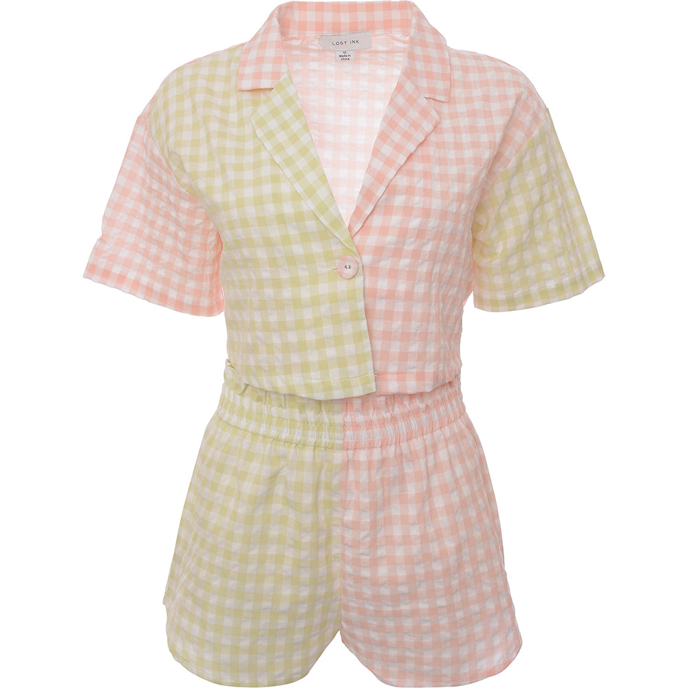 Lost Ink Women's Pink and Green Check Mix Cropped Shirt and Short Set