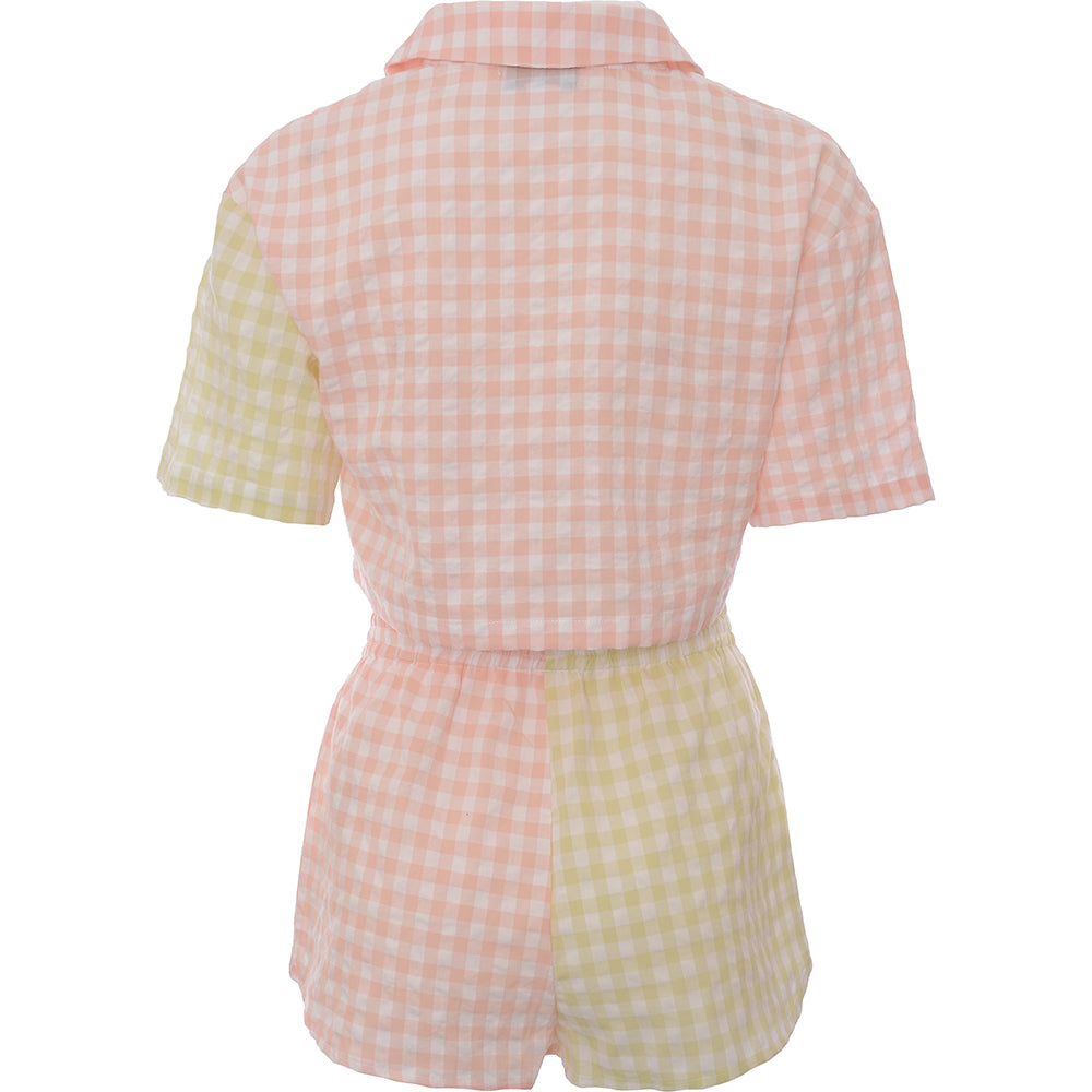 Lost Ink Women's Pink and Green Check Mix Cropped Shirt and Short Set