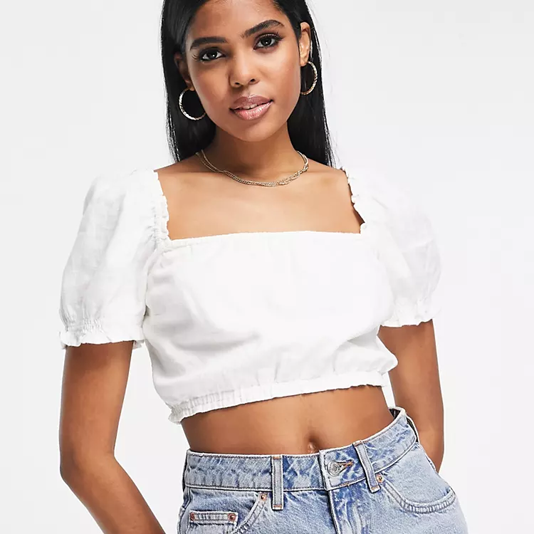 Abercrombie & Fitch Ruched Square Neck Top In White