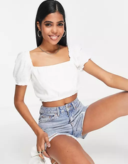 Abercrombie & Fitch Ruched Square Neck Top In White
