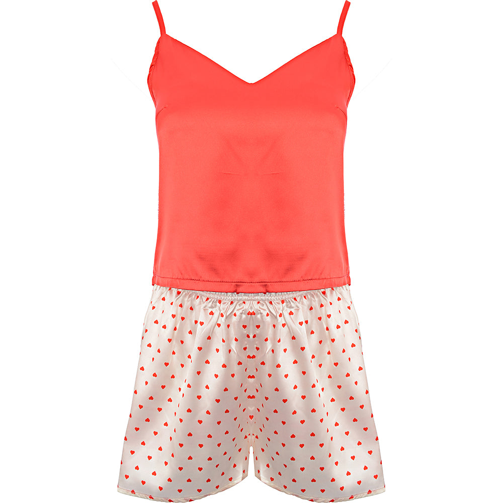 Night Heart Print Red Cami Top And Heart Print Shorts Pyjama Set In Cream And Red