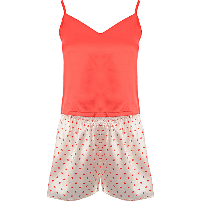 Night Heart Print Red Cami Top And Heart Print Shorts Pyjama Set In Cream And Red