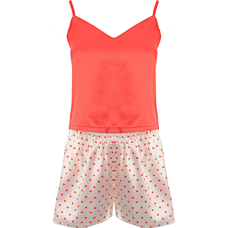 Night Heart Print Red Cami Top And Heart Print Shorts Pyjama Set In Cream And Red