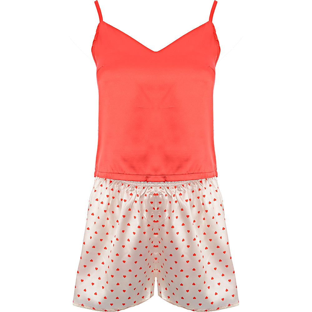 NIGHT Womens Heart Print Red Cami Top And Heart Print Shorts Pyjama Set in Cream