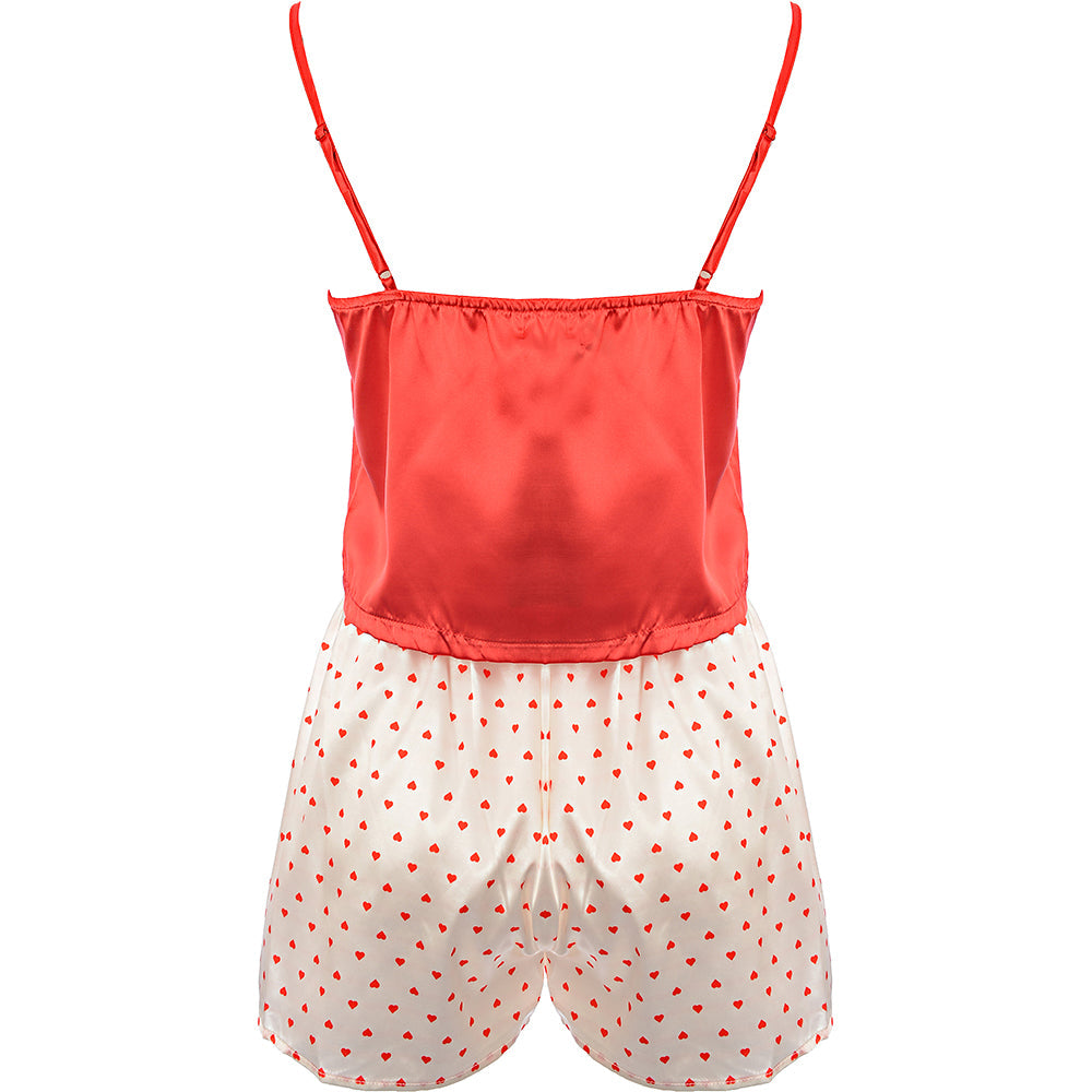 NIGHT Womens Heart Print Red Cami Top And Heart Print Shorts Pyjama Set in Cream