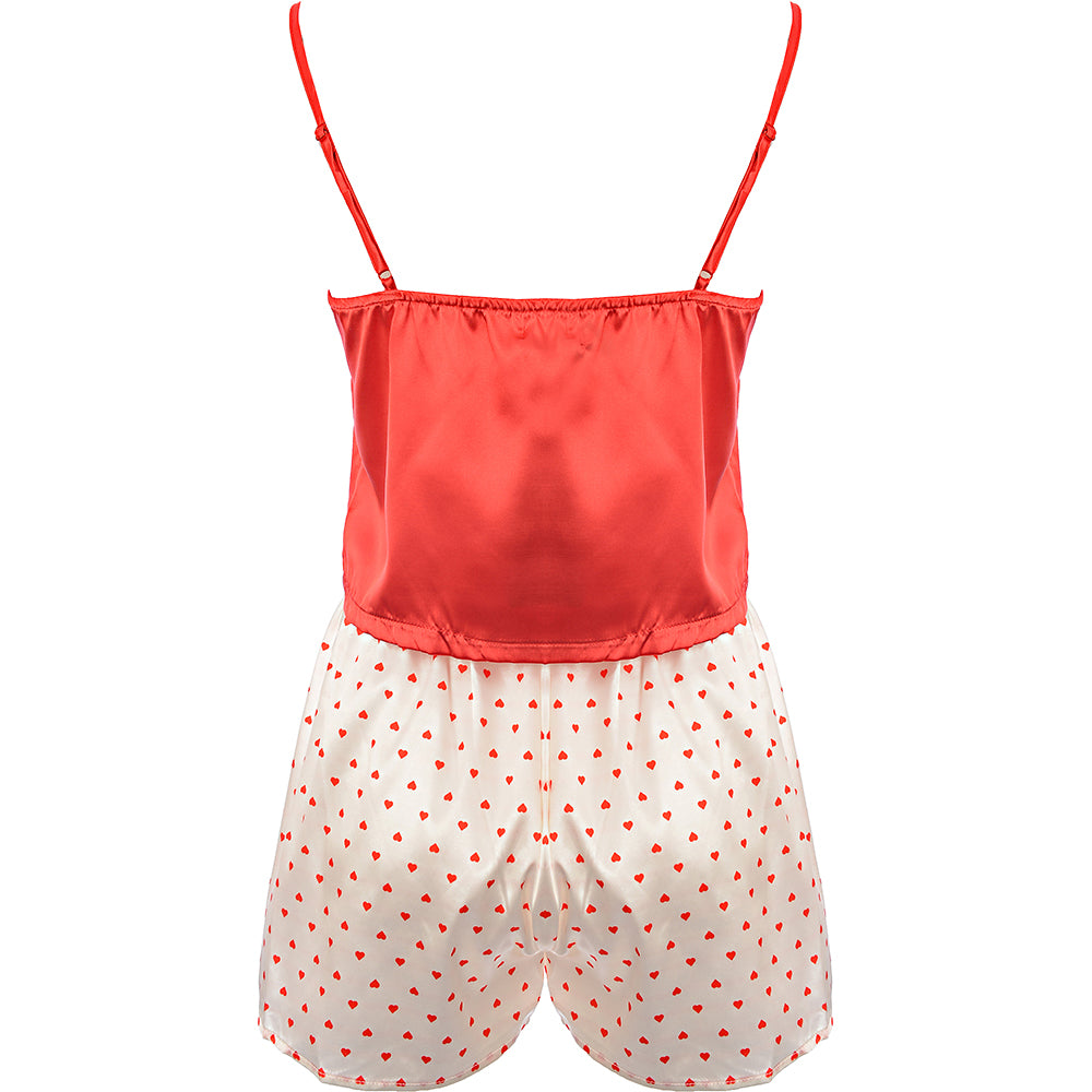 Night Heart Print Red Cami Top And Heart Print Shorts Pyjama Set In Cream And Red