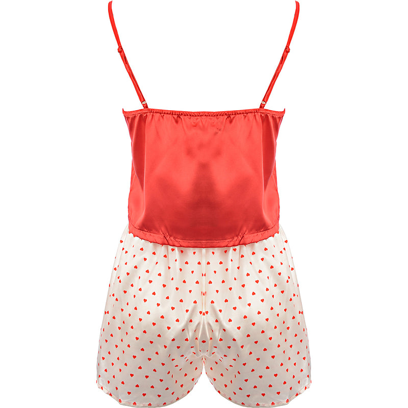 Night Heart Print Red Cami Top And Heart Print Shorts Pyjama Set In Cream And Red